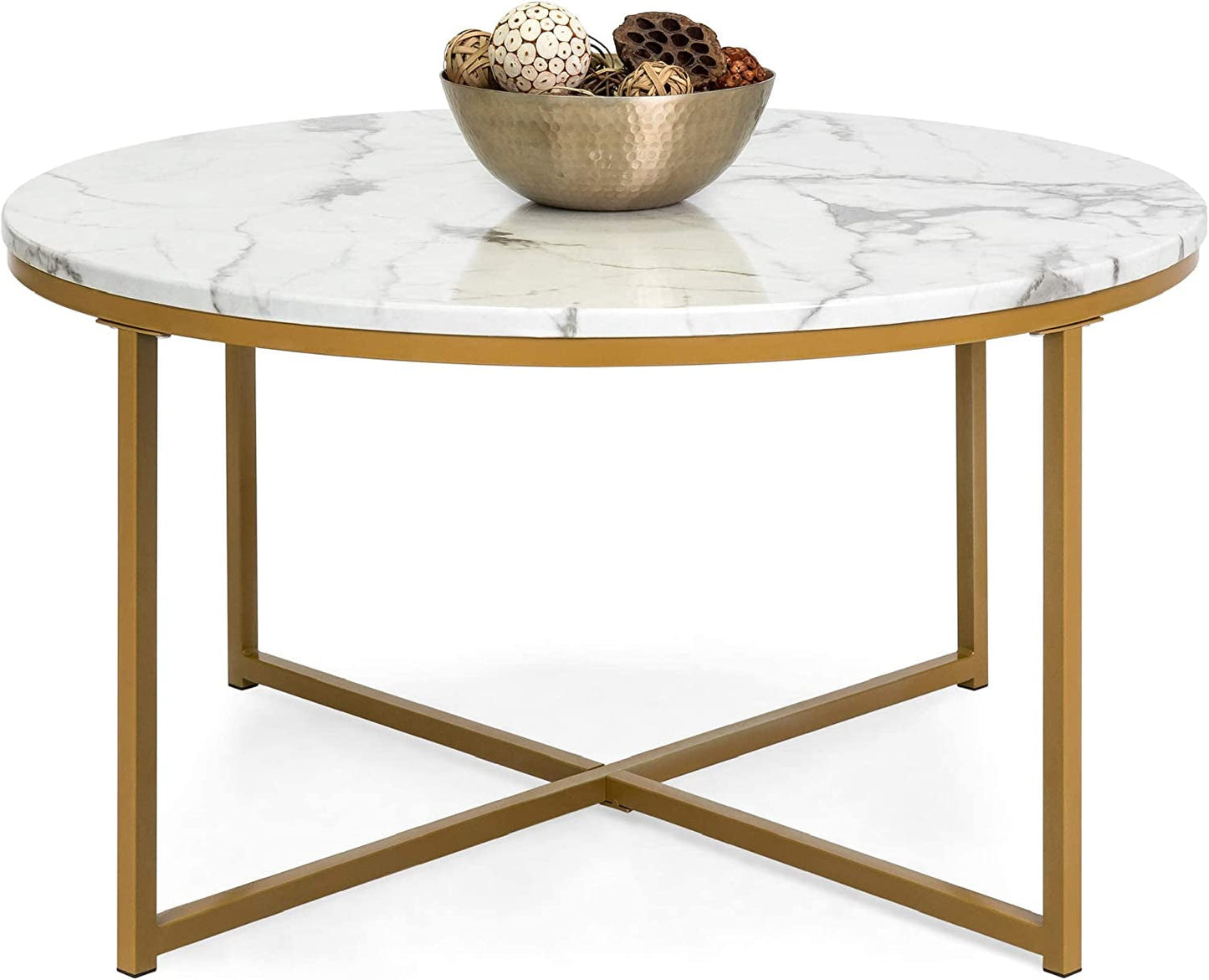 Vanouva Modern Round Coffee Table – Faux Marble Top with Cross-Leg Frame - Vanouva