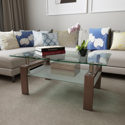Vanouva Rectangle Glass Coffee Table – Walnut Finish with Dual Glass Shelves - Vanouva