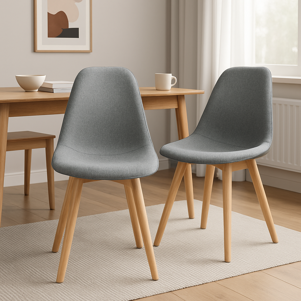 Vanouva Set of 2 Mid-Century Gray Linen Dining Chairs – Wood Legs - Vanouva