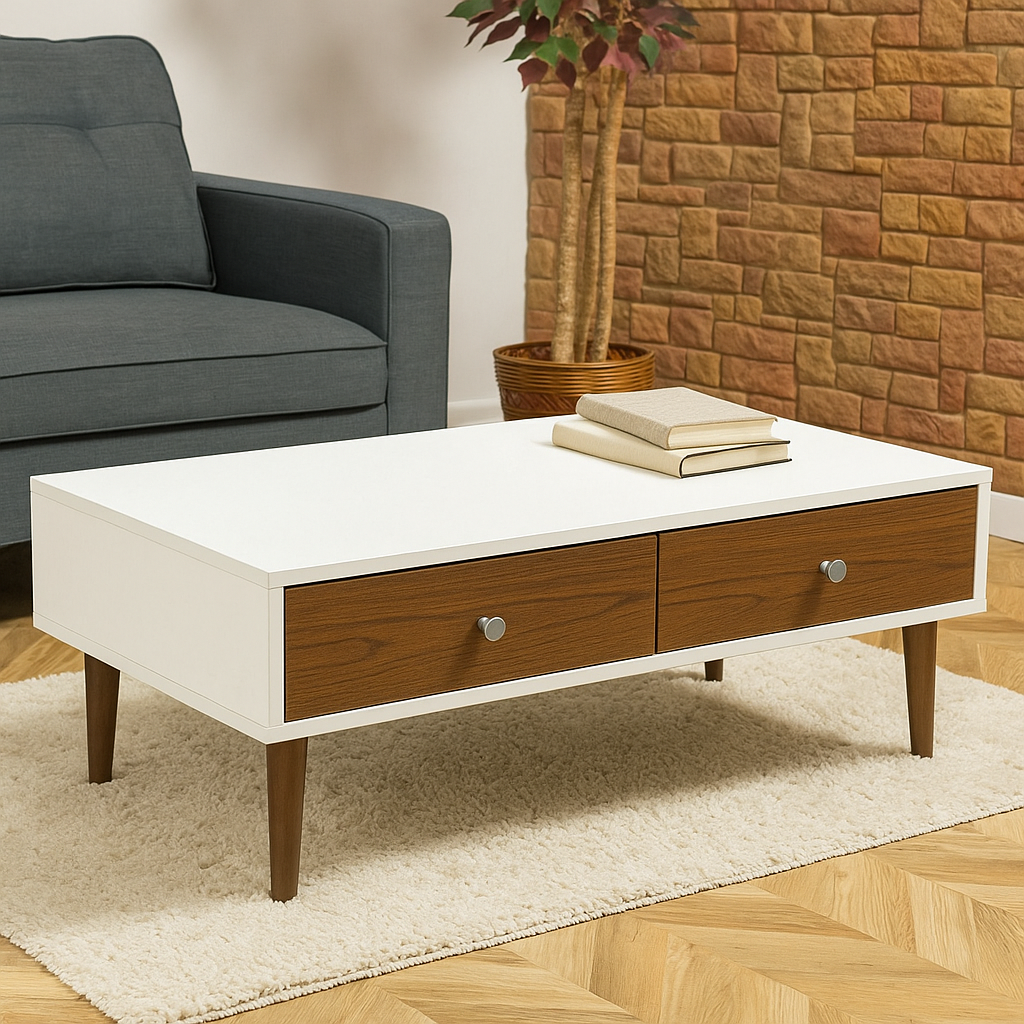 Vanouva Mid-Century Modern Coffee Table – White & Walnut Finish with 2 Drawers - Vanouva