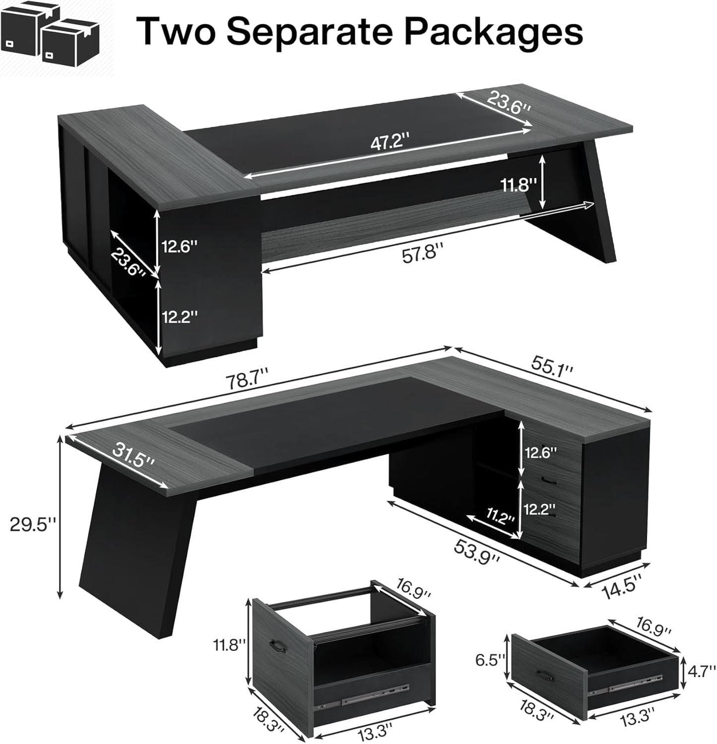 Vanouva L-Shaped Executive Desk – Walnut & Black Finish with Storage Drawers - Vanouva
