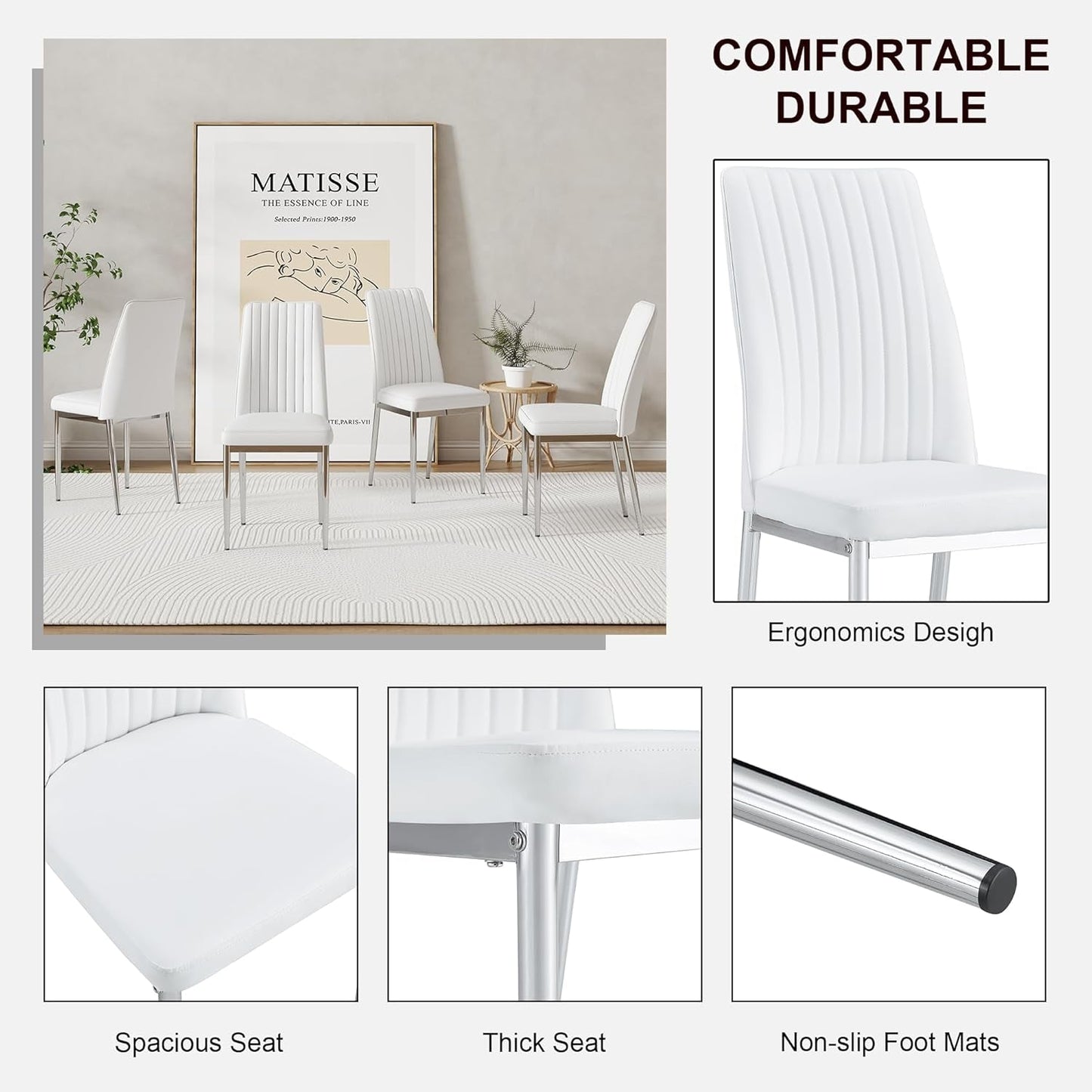 Vanouva Modern White Leather Dining Chair Set – Set of 4 - Vanouva