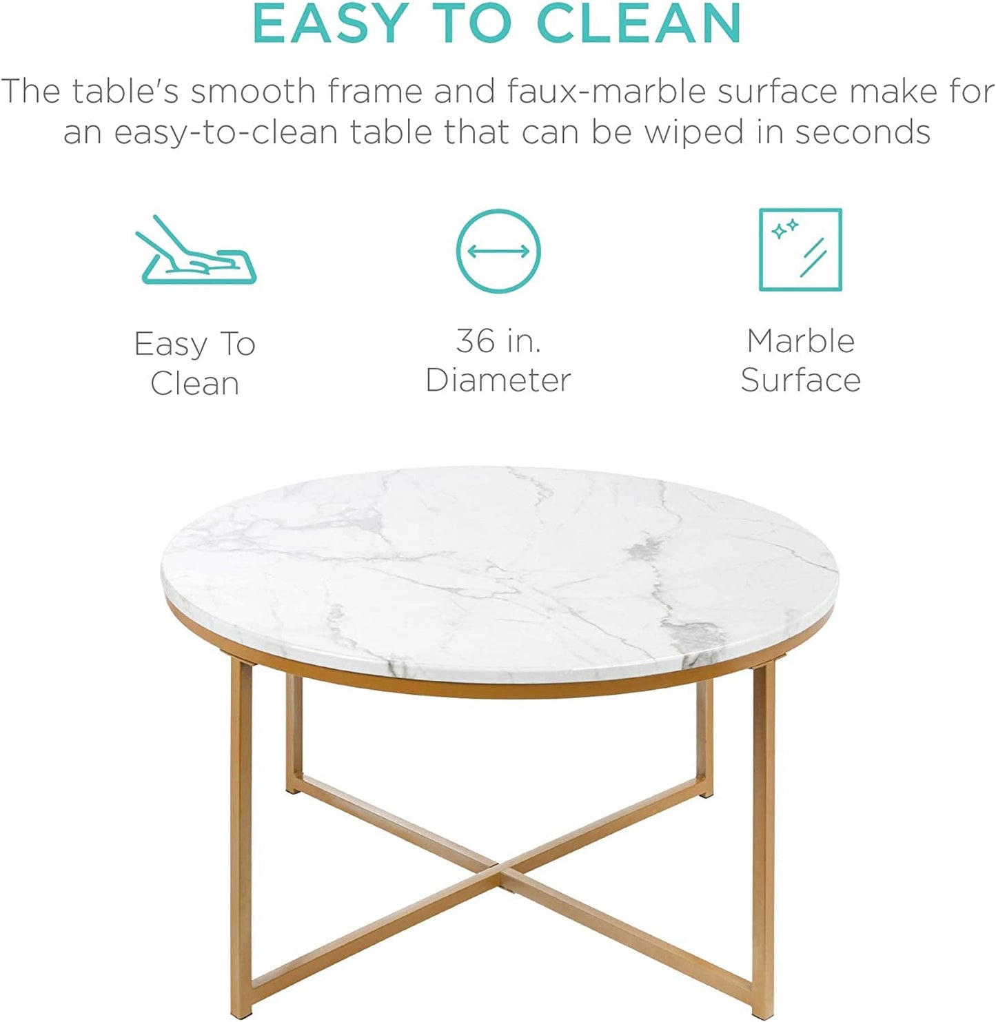 Vanouva Modern Round Coffee Table – Faux Marble Top with Cross-Leg Frame - Vanouva
