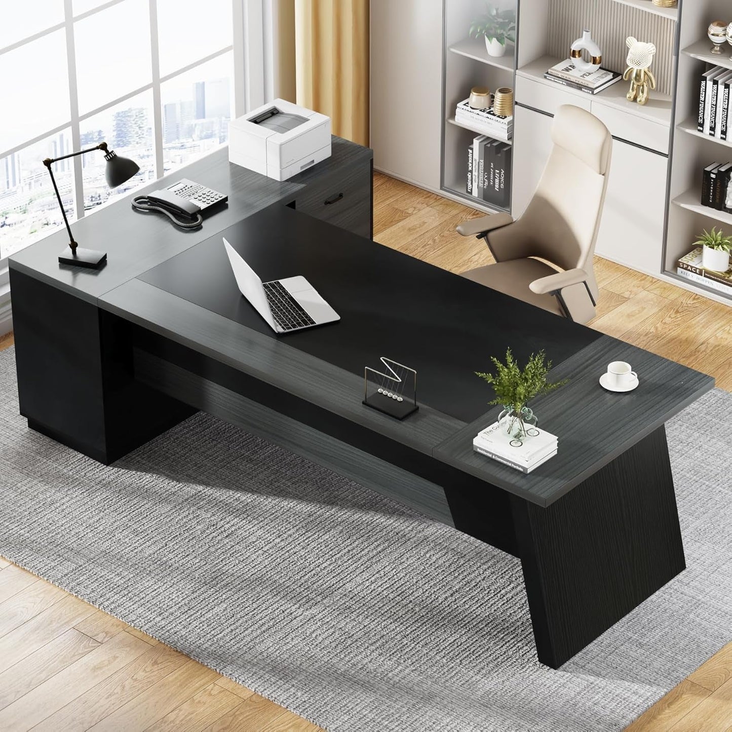 Vanouva L-Shaped Executive Desk – Walnut & Black Finish with Storage Drawers - Vanouva