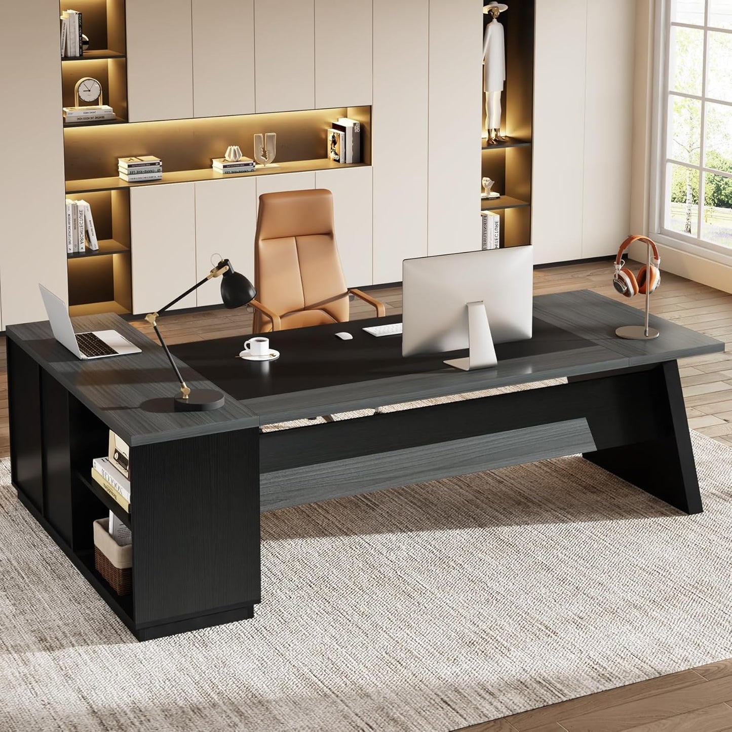 Vanouva L-Shaped Executive Desk – Walnut & Black Finish with Storage Drawers - Vanouva