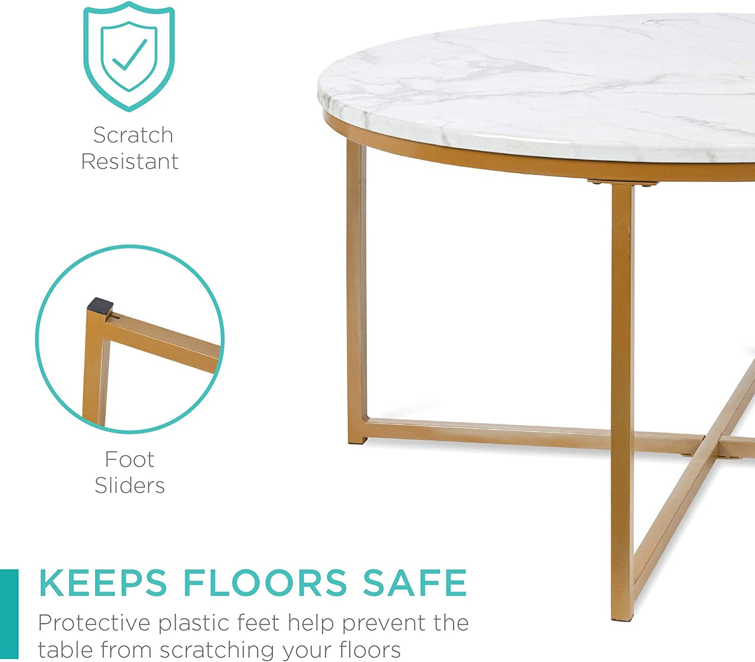 Vanouva Modern Round Coffee Table – Faux Marble Top with Cross-Leg Frame - Vanouva