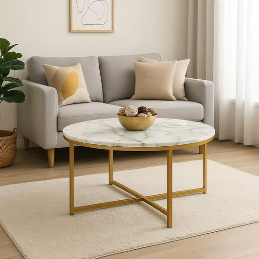 Vanouva Modern Round Coffee Table – Faux Marble Top with Cross-Leg Frame - Vanouva