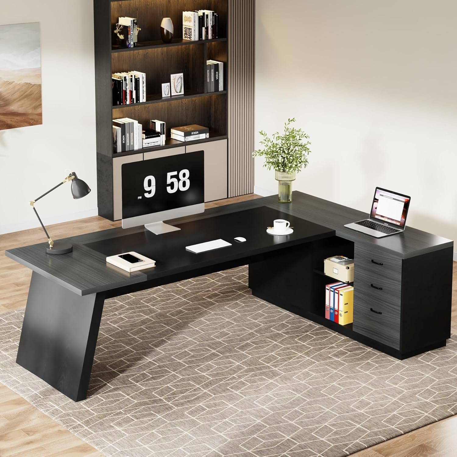 Vanouva L-Shaped Executive Desk – Walnut & Black Finish with Storage Drawers - Vanouva