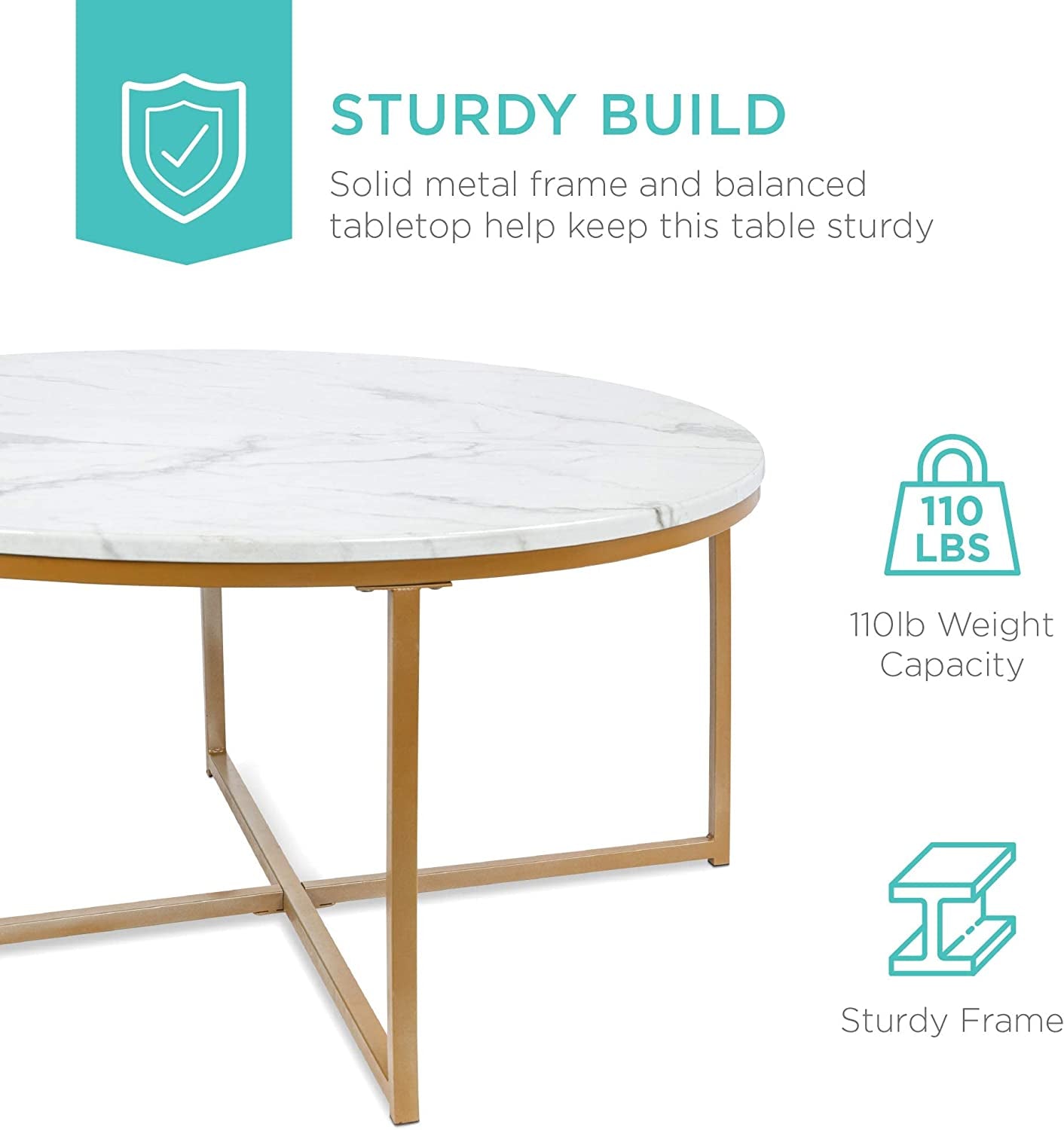 Vanouva Modern Round Coffee Table – Faux Marble Top with Cross-Leg Frame - Vanouva
