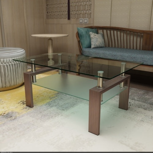 Vanouva Rectangle Glass Coffee Table – Walnut Finish with Dual Glass Shelves - Vanouva