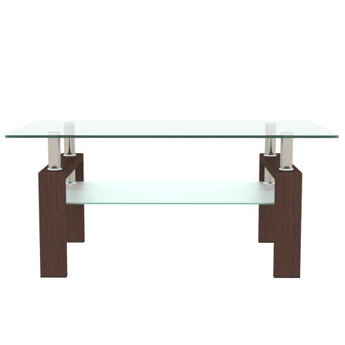 Vanouva Rectangle Glass Coffee Table – Walnut Finish with Dual Glass Shelves - Vanouva
