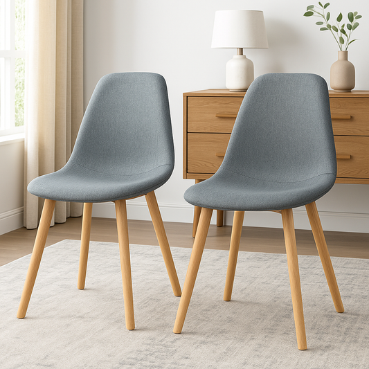 Vanouva Set of 2 Mid-Century Gray Linen Dining Chairs – Wood Legs - Vanouva