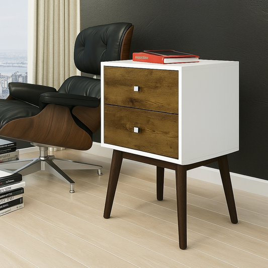 Vanouva Modern Mid-Century Side Table Nighstand in White and Wood Finish - Vanouva