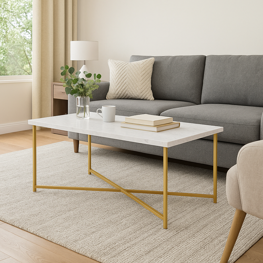 Vanouva Glam Coffee Table – Faux White Marble Top with Gold Y-Leg Base - Vanouva