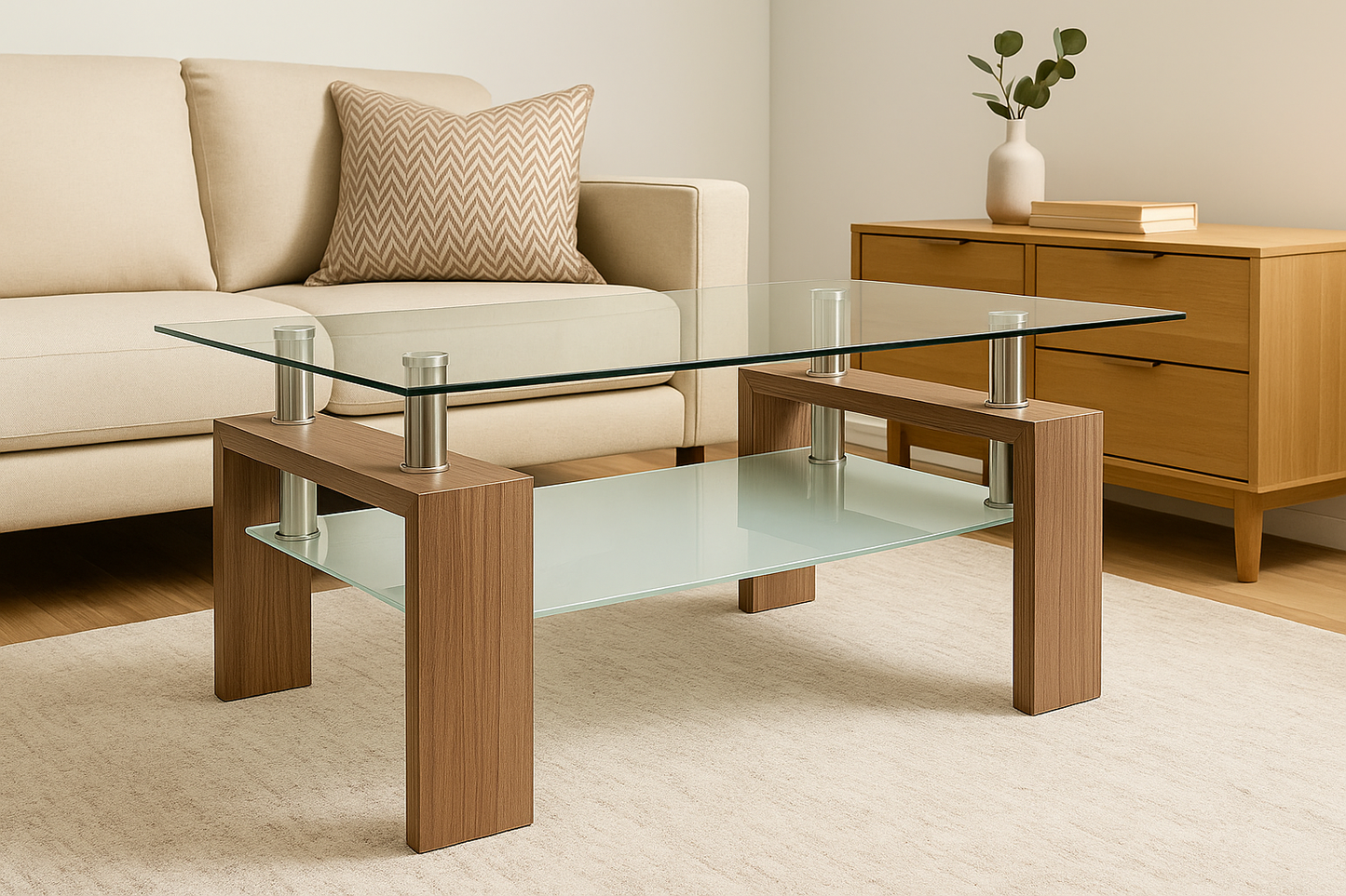 Vanouva Rectangle Glass Coffee Table – Walnut Finish with Dual Glass Shelves