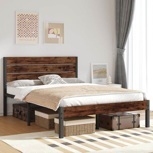 Vanouva Full-Size Modern Farmhouse Metal Platform Bed – Rustic Brown Wood Headboard - Vanouva