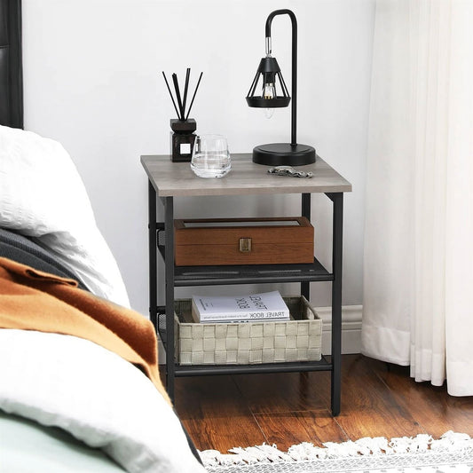 Vanouva Modern Industrial Side Table – Black Frame with Greige Wood Top - Vanouva