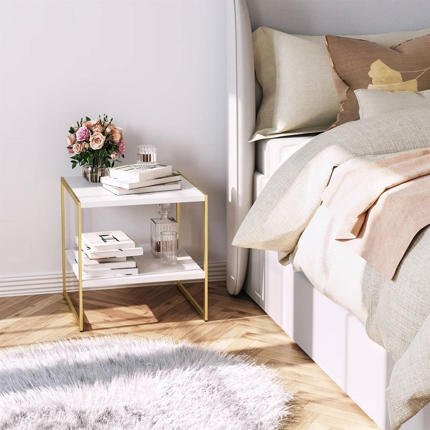 Vanouva Industrial Modern Nightstand – Gold Metal Frame with White Wood Top & Shelf - Vanouva