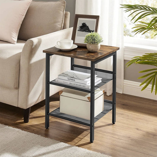 Vanouva Modern Industrial End Table – Black Metal Frame with Rustic Brown Wood Top - Vanouva