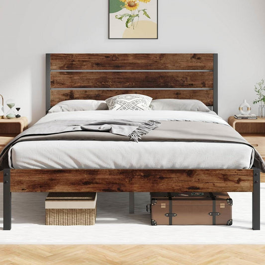 Vanouva Queen Modern Farmhouse Metal Platform Bed – Rustic Brown Wood Headboard - Vanouva
