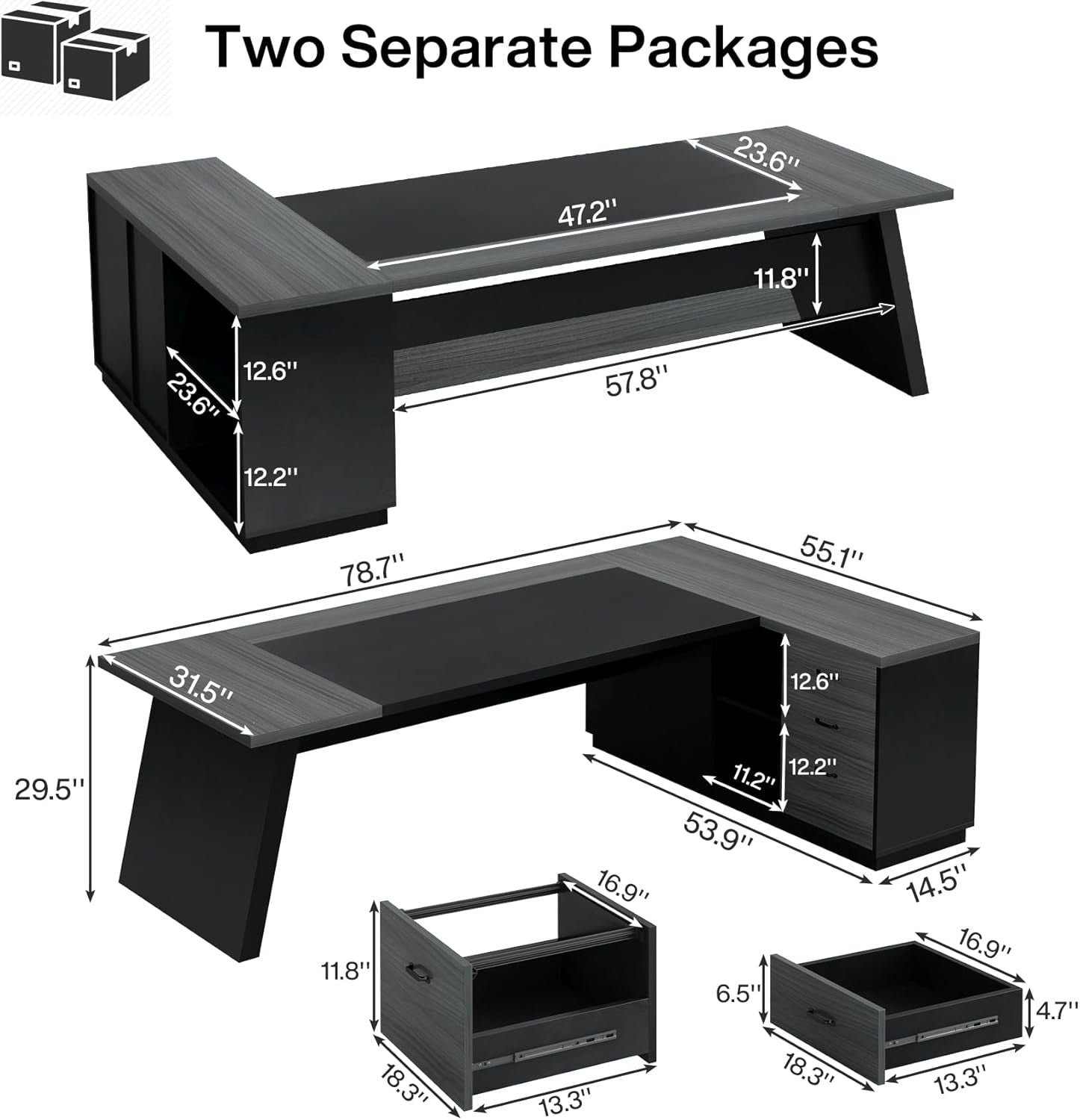 Vanouva L-Shaped Executive Desk – Walnut & Black Finish with Storage Drawers - Vanouva