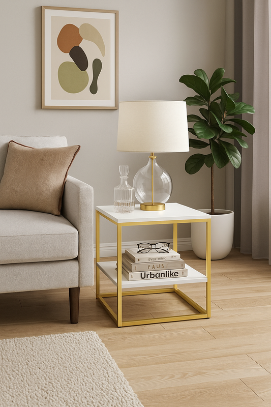 Vanouva Industrial Modern Nightstand – Gold Metal Frame with White Wood Top & Shelf - Vanouva