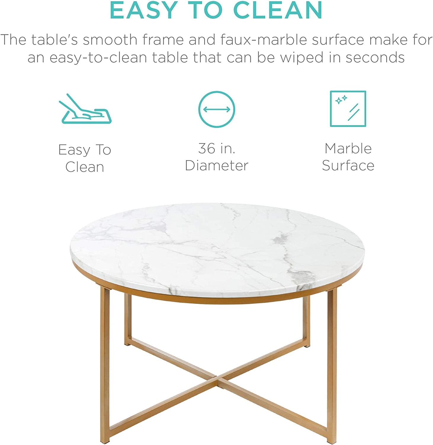 Vanouva Modern Round Coffee Table – Faux Marble Top with Cross-Leg Frame - Vanouva