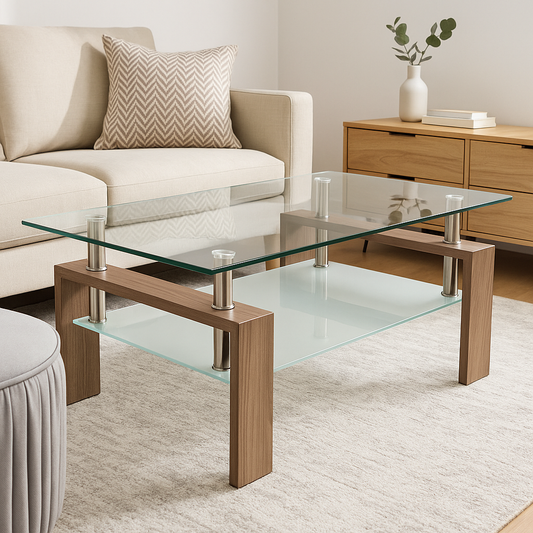 Vanouva Rectangle Glass Coffee Table – Walnut Finish with Dual Glass Shelves - Vanouva