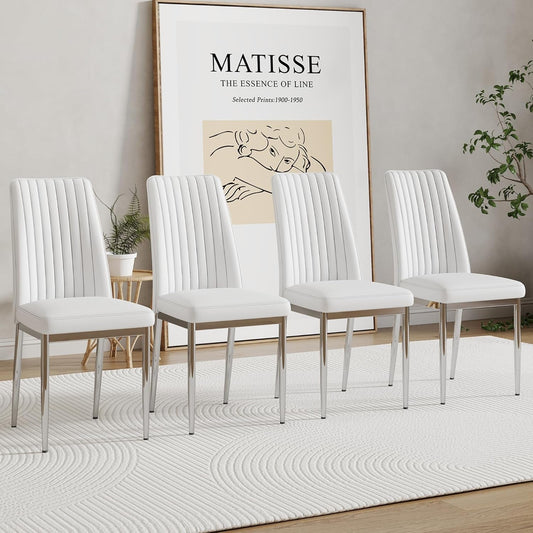 Vanouva Modern White Leather Dining Chair Set – Set of 4 - Vanouva