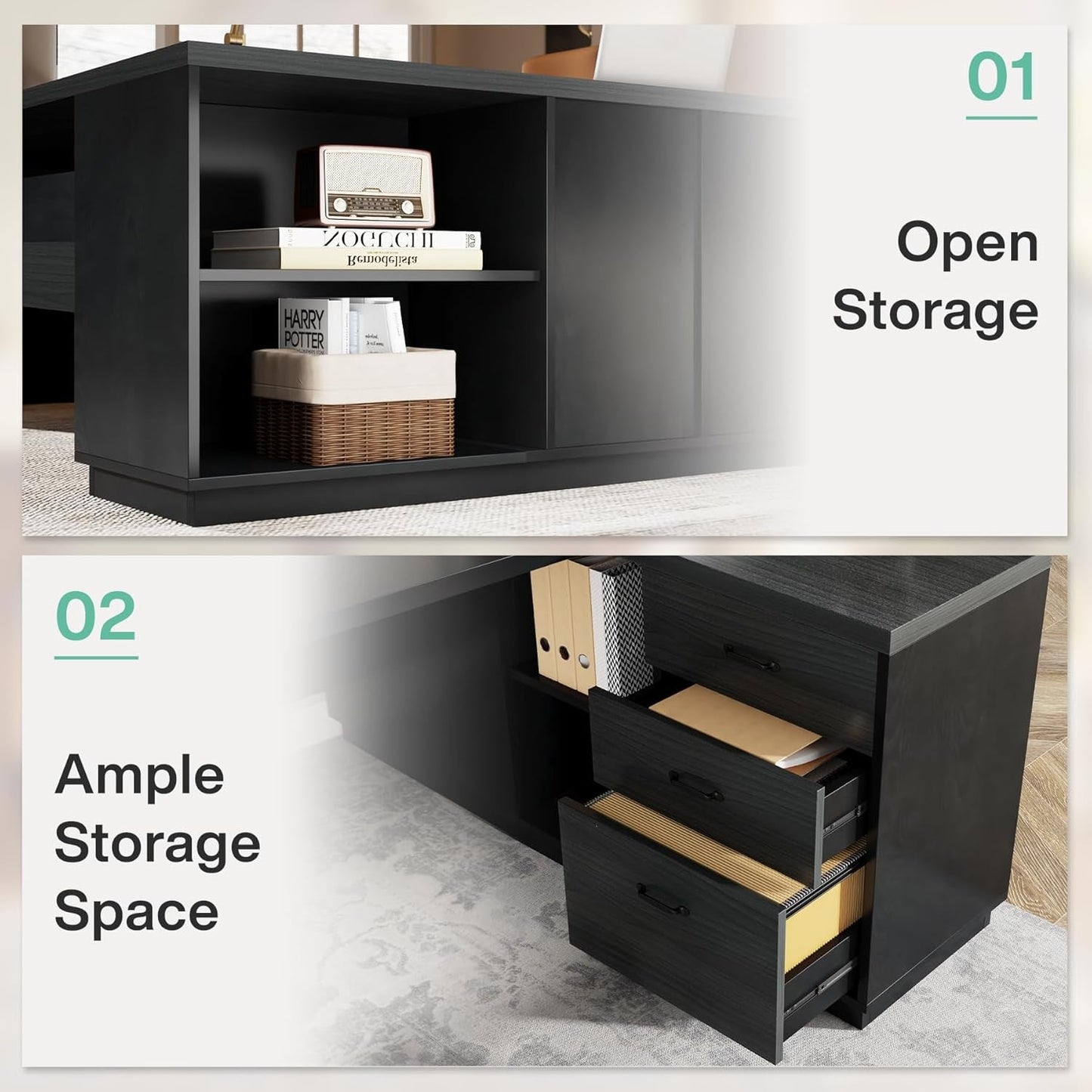 Vanouva L-Shaped Executive Desk – Walnut & Black Finish with Storage Drawers - Vanouva