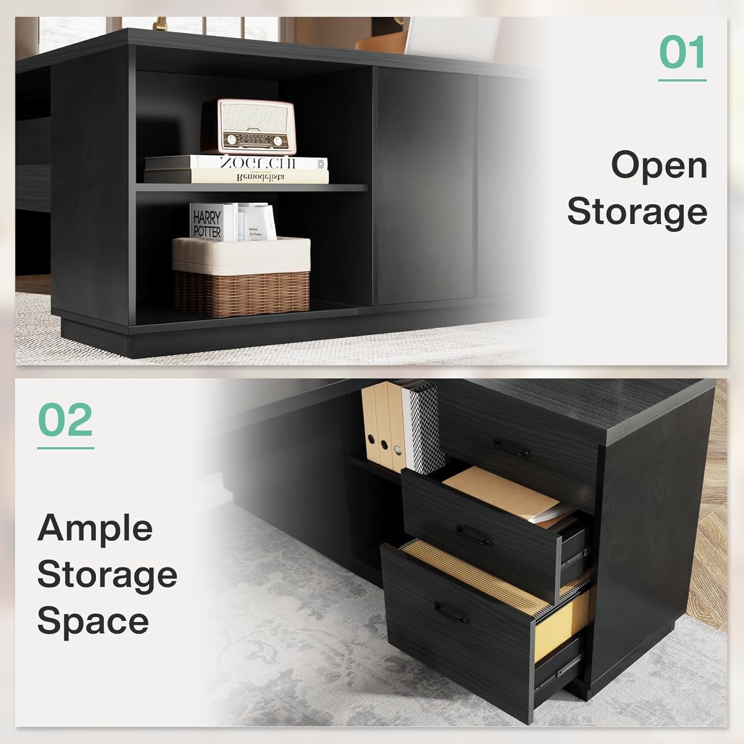 Vanouva L-Shaped Executive Desk – Walnut & Black Finish with Storage Drawers - Vanouva