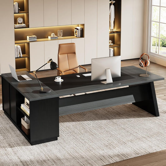 Vanouva L-Shaped Executive Desk – Walnut & Black Finish with Storage Drawers - Vanouva