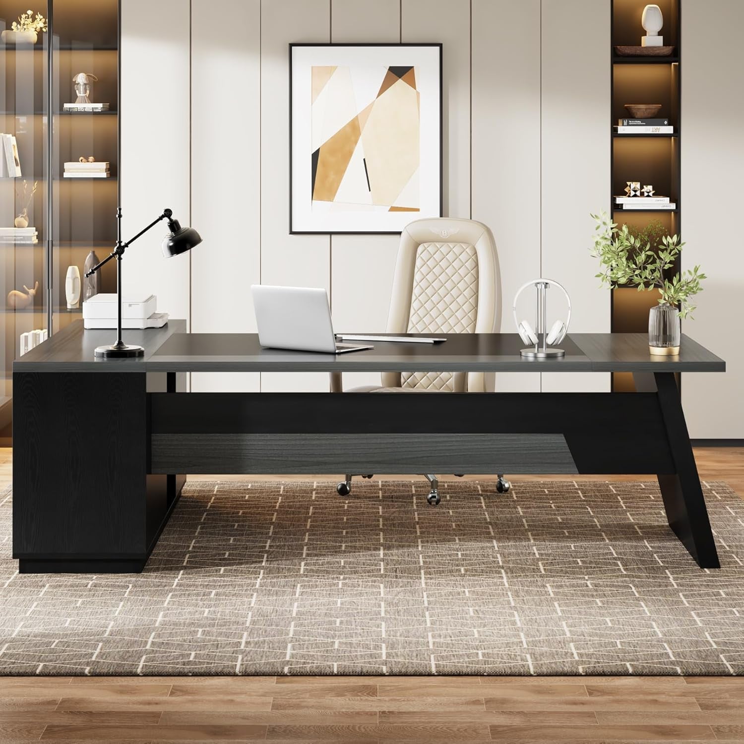 Vanouva L-Shaped Executive Desk – Walnut & Black Finish with Storage Drawers - Vanouva