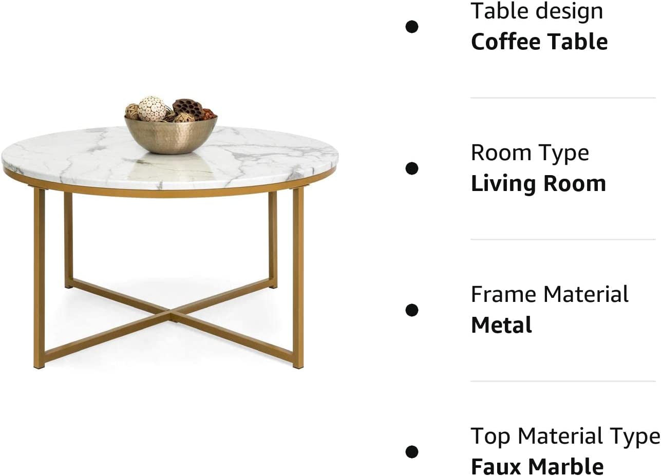 Vanouva Modern Round Coffee Table – Faux Marble Top with Cross-Leg Frame - Vanouva