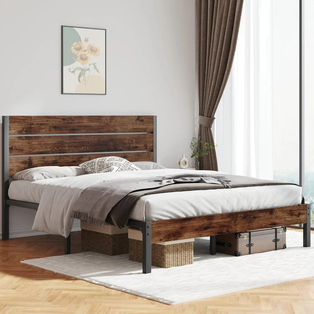 Vanouva Queen Modern Farmhouse Metal Platform Bed – Rustic Brown Wood Headboard - Vanouva