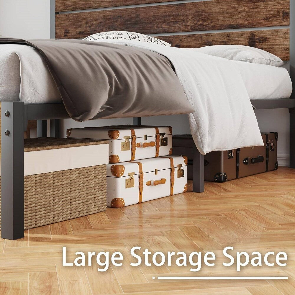 Vanouva Queen Modern Farmhouse Metal Platform Bed – Rustic Brown Wood Headboard - Vanouva