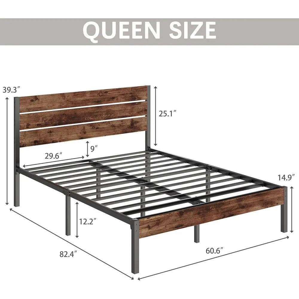 Vanouva Queen Modern Farmhouse Metal Platform Bed – Rustic Brown Wood Headboard - Vanouva